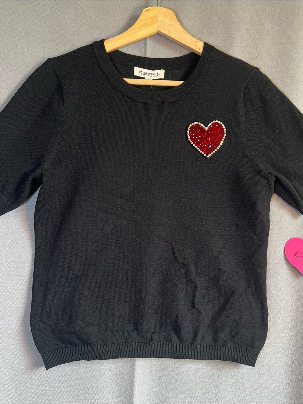 Nanette Lepore Black ShortSleeve Sweater w/Red Heart Beaded Appliqué Patch NWT